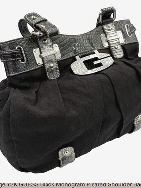 Vintage Y2K GUESS Black Monogram Pleated Shoulder Bag Rhinestone Logo & Croc tri